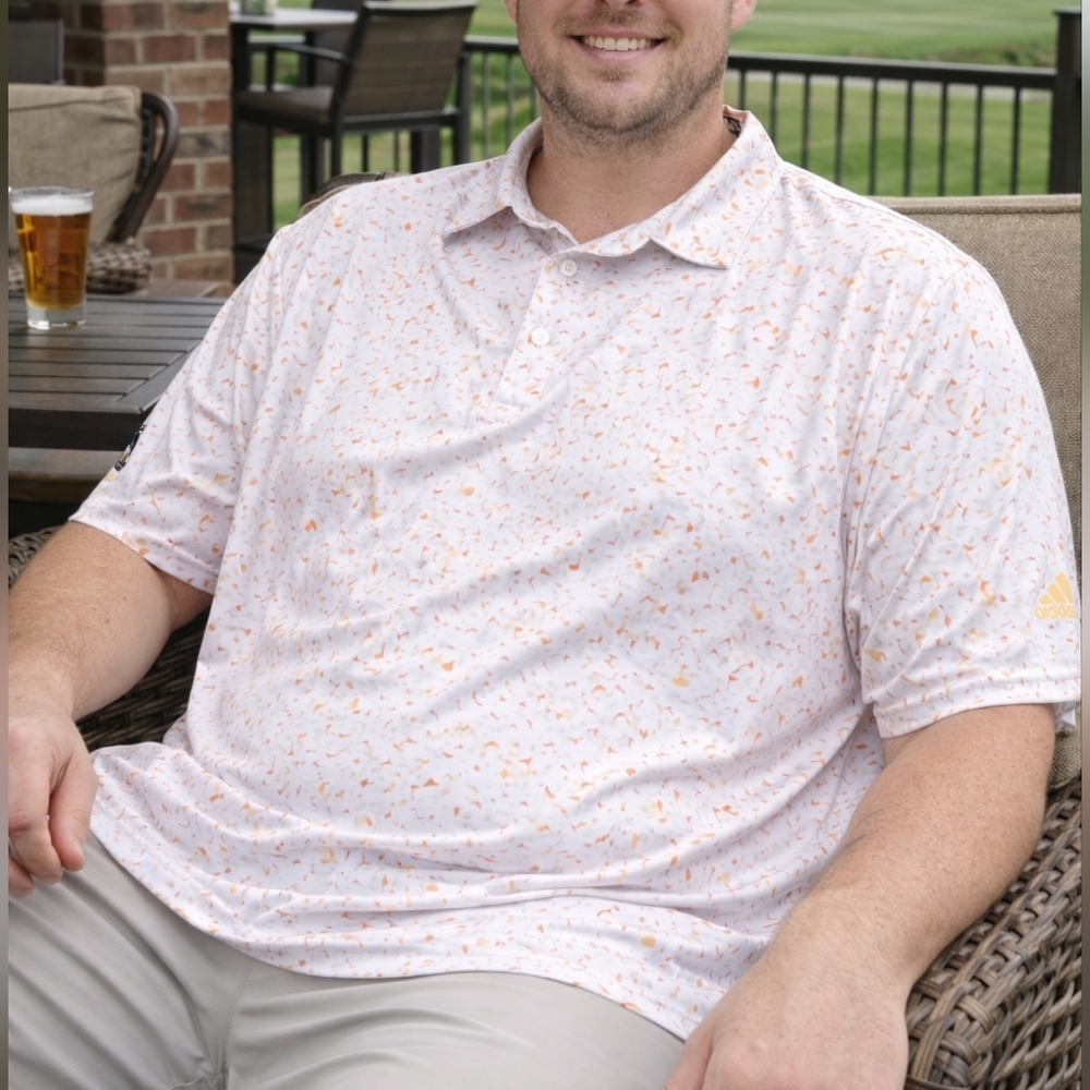 Adidas Parley Golf Polo Men’s 2X White Orange Flag Print Performance Sustainable
